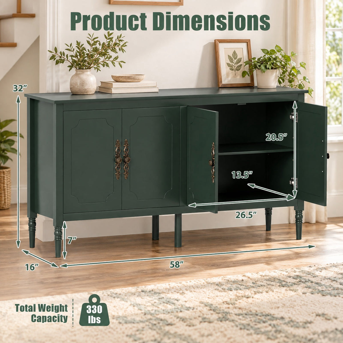 Airfind 58 Vintage Buffet Cabinet with Pine Wood Legs and Adjustable Shelves for Kitchen, 150 lbs Capacity, Engineered Wood Pine Wood Metal Frame