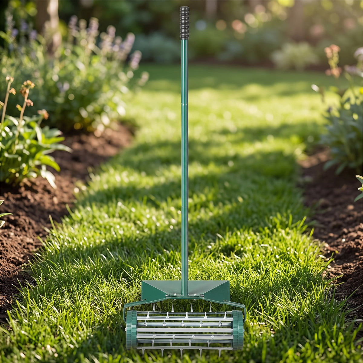 Airfind 18 Inch Rolling Lawn Aerator with Splash, Steel rubber pp Frame, 17 x 8 x 50 (L x W x H) Splash guard Footprint, Dark green and silver