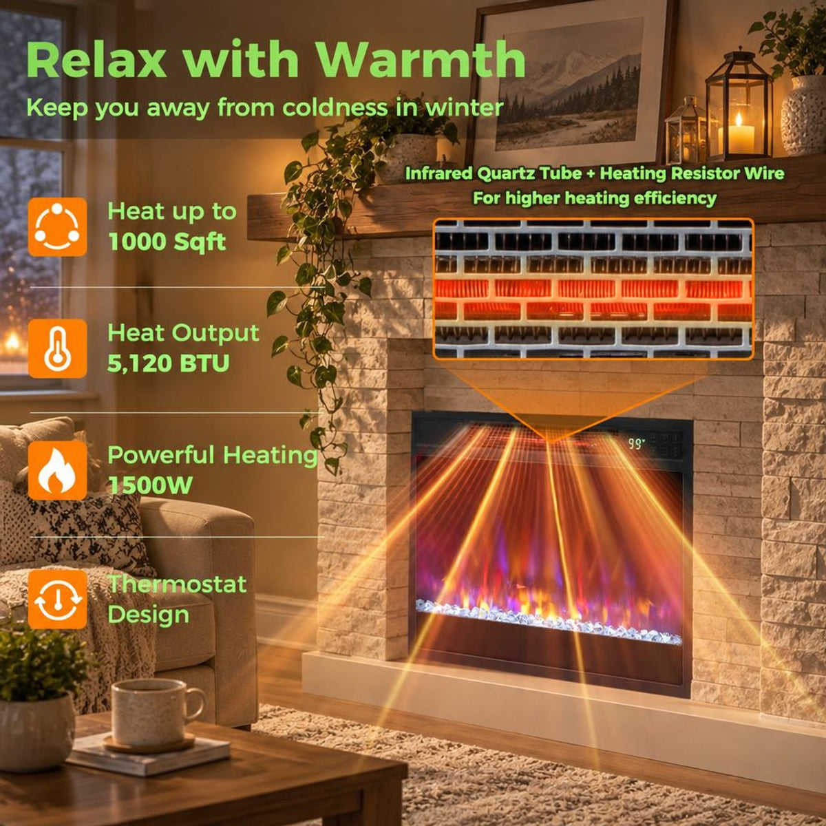 Airfind 23 Inch 1500W Recessed Electric Fireplace Insert with Remote Control, Metal Tempered Glass PS Frame, Black