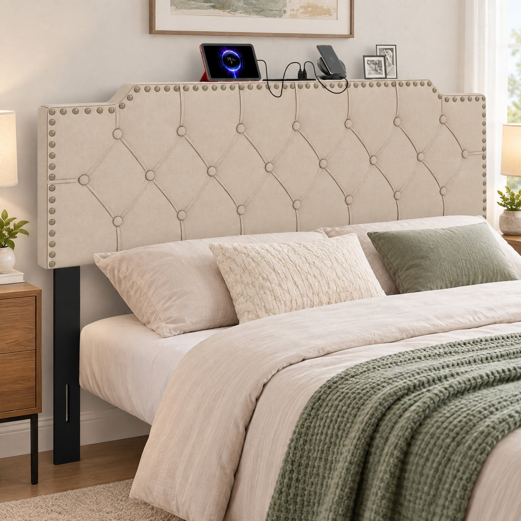 Airfind Upholstered Headboard with Built-in Charging Station, AC, USB and Type-C Ports, Rivet Tufted Headboard for Queen and Full Size Bed, Beige