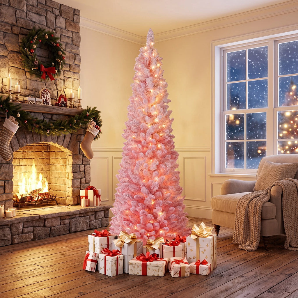 Airfind 7 FTSnow-flocked Artificial Pink Christmas Tree Pre, PVC Metal Tree Height 6 ft / 7 ft Tree Width 1.6 ft / 2 ft Frame, Pink