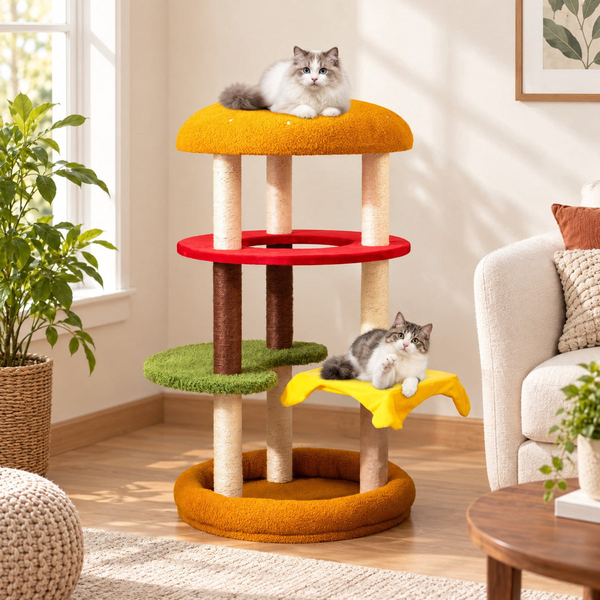 Airfind 42 Inch Tall Modern Cat Tree Multi-Level with Padded Perch and Cat Bed, 22 lbs Capacity, 24in x 42in (Dia. x H) Perch Footprint, Yellow