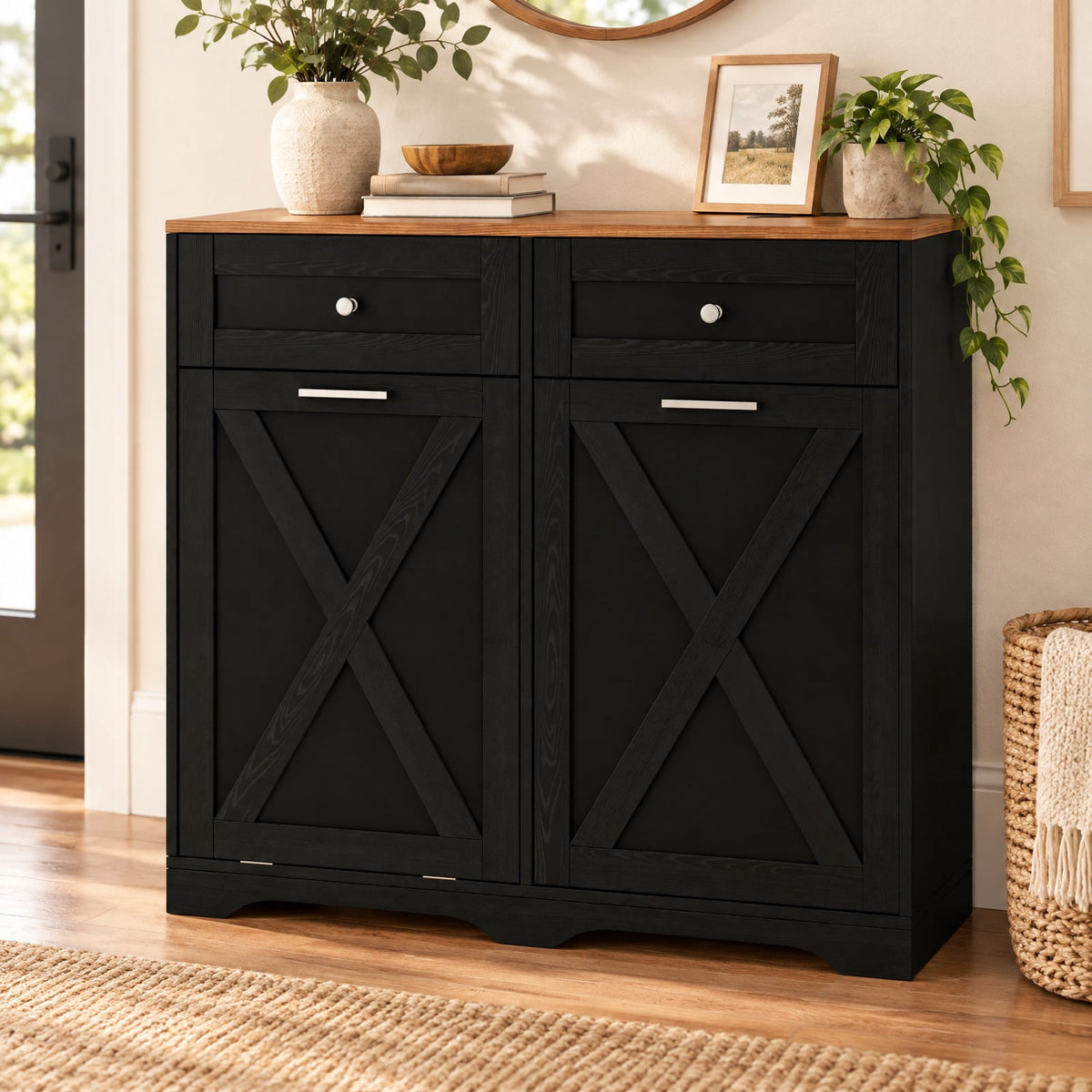 Airfind Tilt Out Trash Can Cabinet with Outlets and Adjustable Shelf, 100 Lbs Capacity, MDF Engineered Wood for Convenient Everyday Use, Black