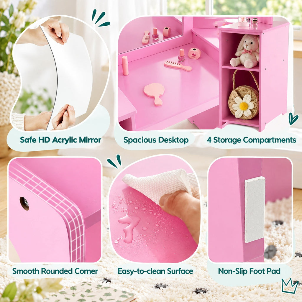 Airfind Kids Vanity Table and Chair Set with Removable Tri-Folding Mirror, 220 lbs Capacity, MDF Acrylic Frame, for 3+ Years Old, Pink