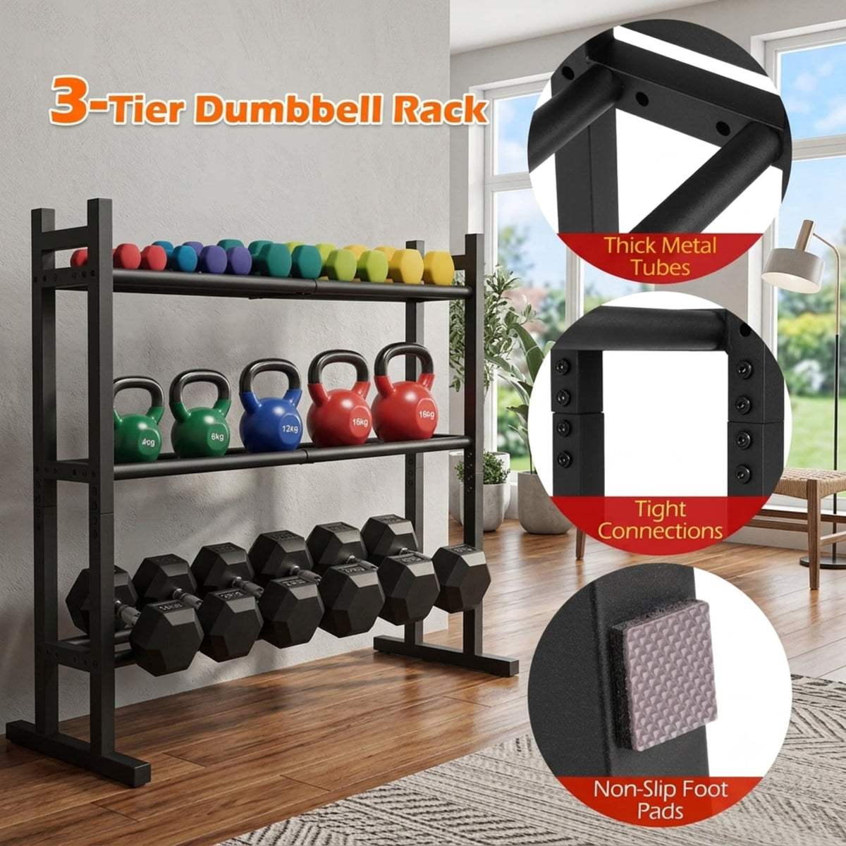 Airfind 3 Tier Dumbbell Rack Heavy Duty Weight Storage Stand with 529 lb Capacity and Adjustable Bar Spacing for Home Gym and Garage, Black