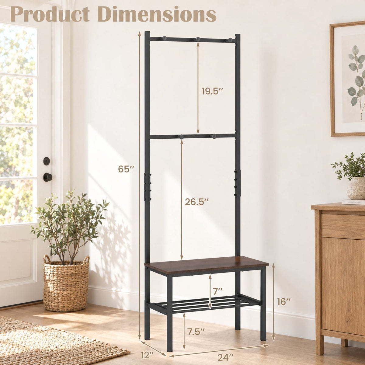 Airfind 3-in-1 Hall Tree Freestanding Entryway Bench with Hooks, 220 lbs Capacity, Metal Engineered Wood ABS Frame, Rustic Brown + Black