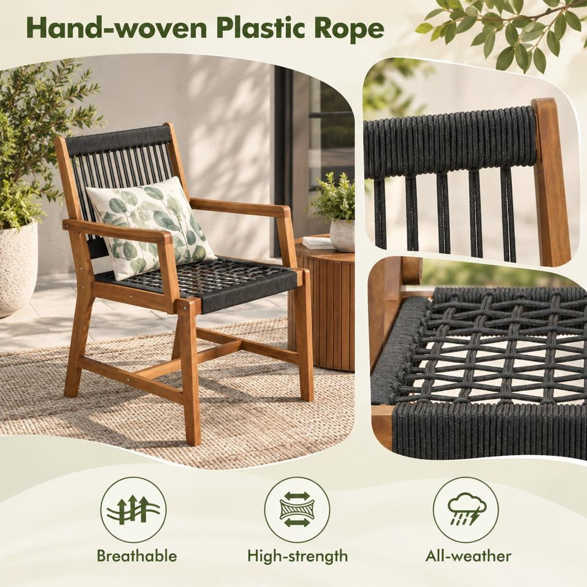 Airfind Set of 2 Patio Acacia Wood Dining Chairs with Armrests for Lawn Yard, Acacia Wood Plastic Rope Frame, Wood
