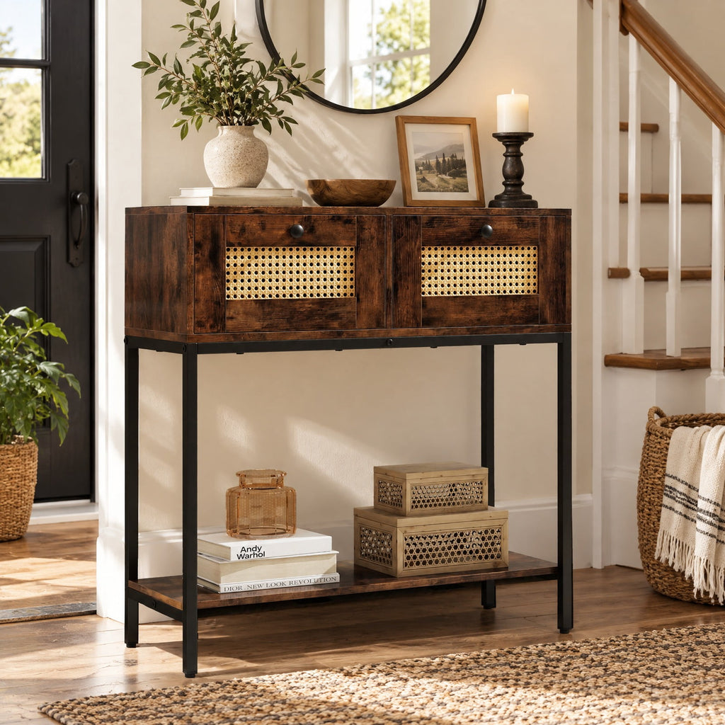 Airfind Rattan Console Table Boho Entryway Table with 2 Rattan Drawers and Open Storage Shelf, 88 lbs Capacity, Brown