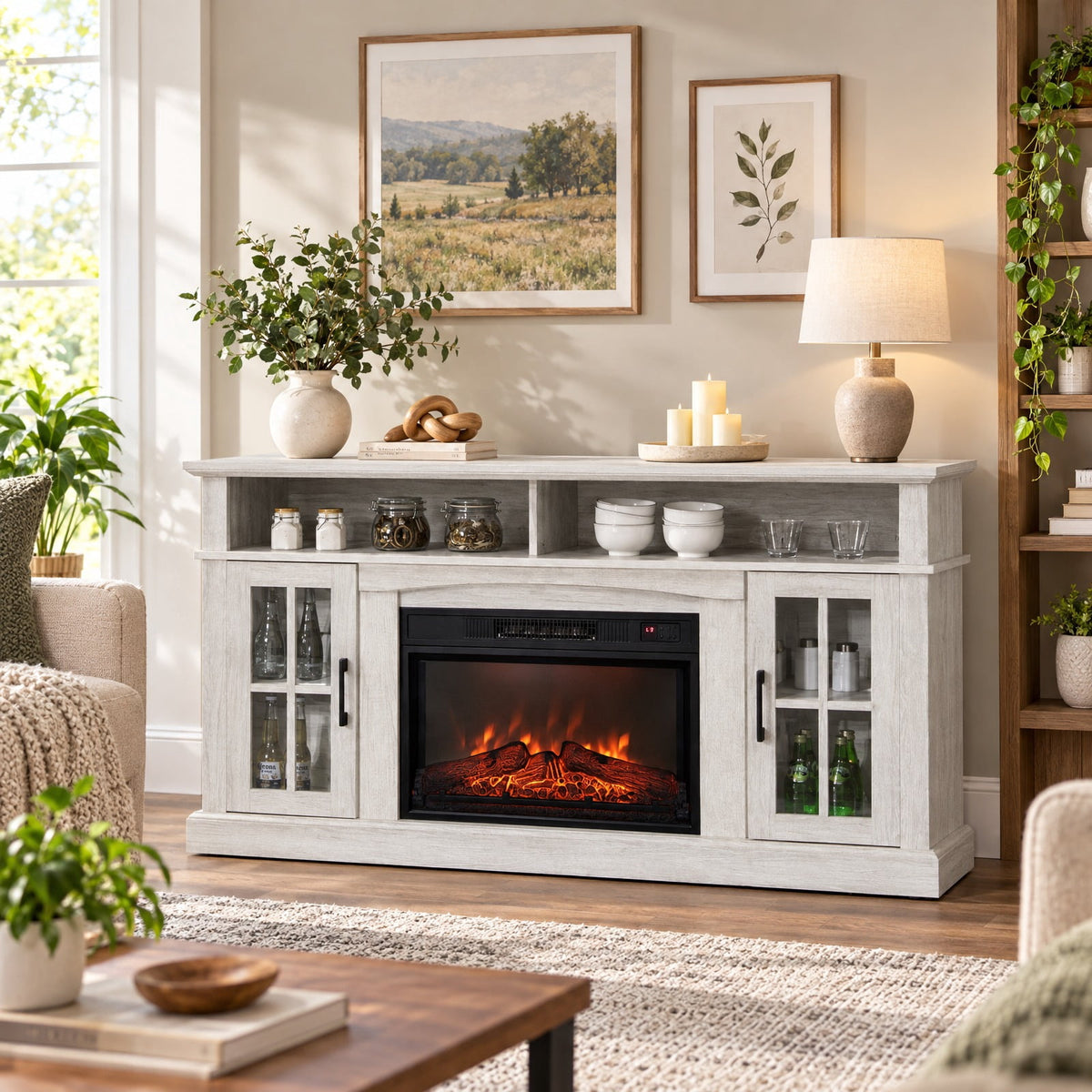 Airfind Fireplace TV Stand for TVs Up to 65 Inch with Side Cabinets and Remote Control, 66 lbs Capacity, Engineered wood Frame, Gray