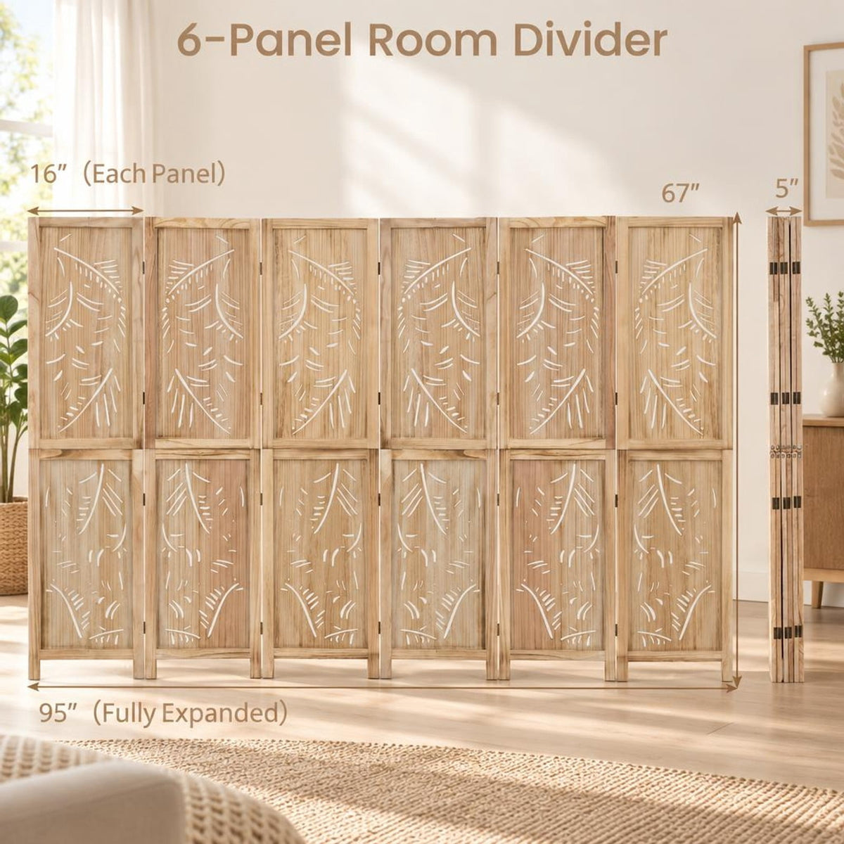 Airfind 6-Panel Wooden Room Divider with Palm Leaf Design and Paulownia Frame for Home, 67in x 16in x 5in Footprint, Natural