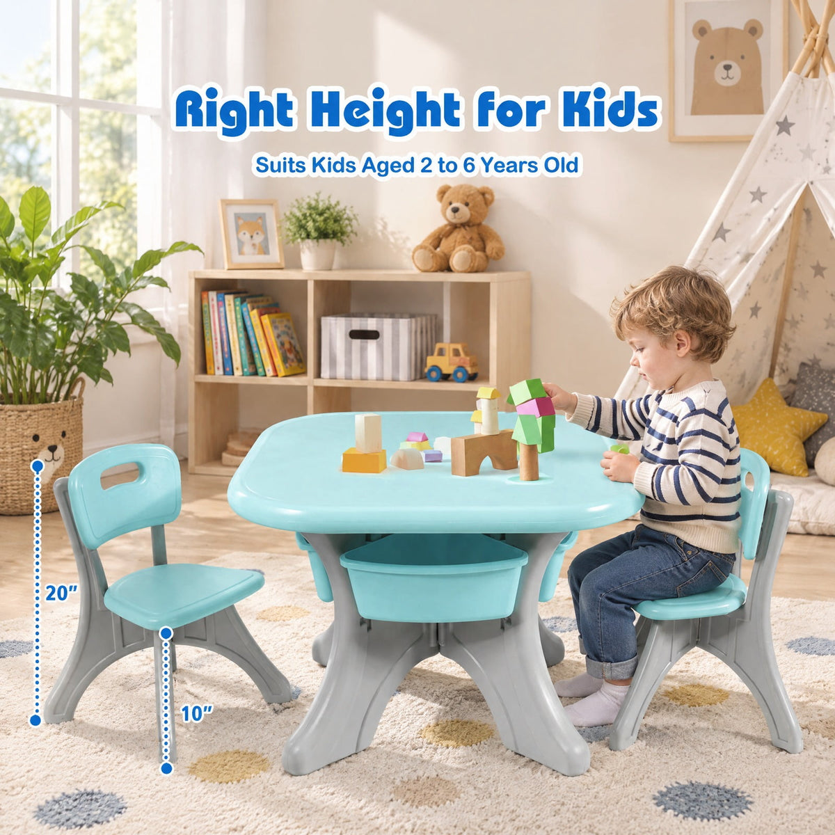 Airfind Youth Activity Table, Youth, and Chair Set Play Furniture W/Storage, 176 lbs Capacity, PP Frame, 27 Inch x 27 Inch x 20 Inch Footprint, Blue