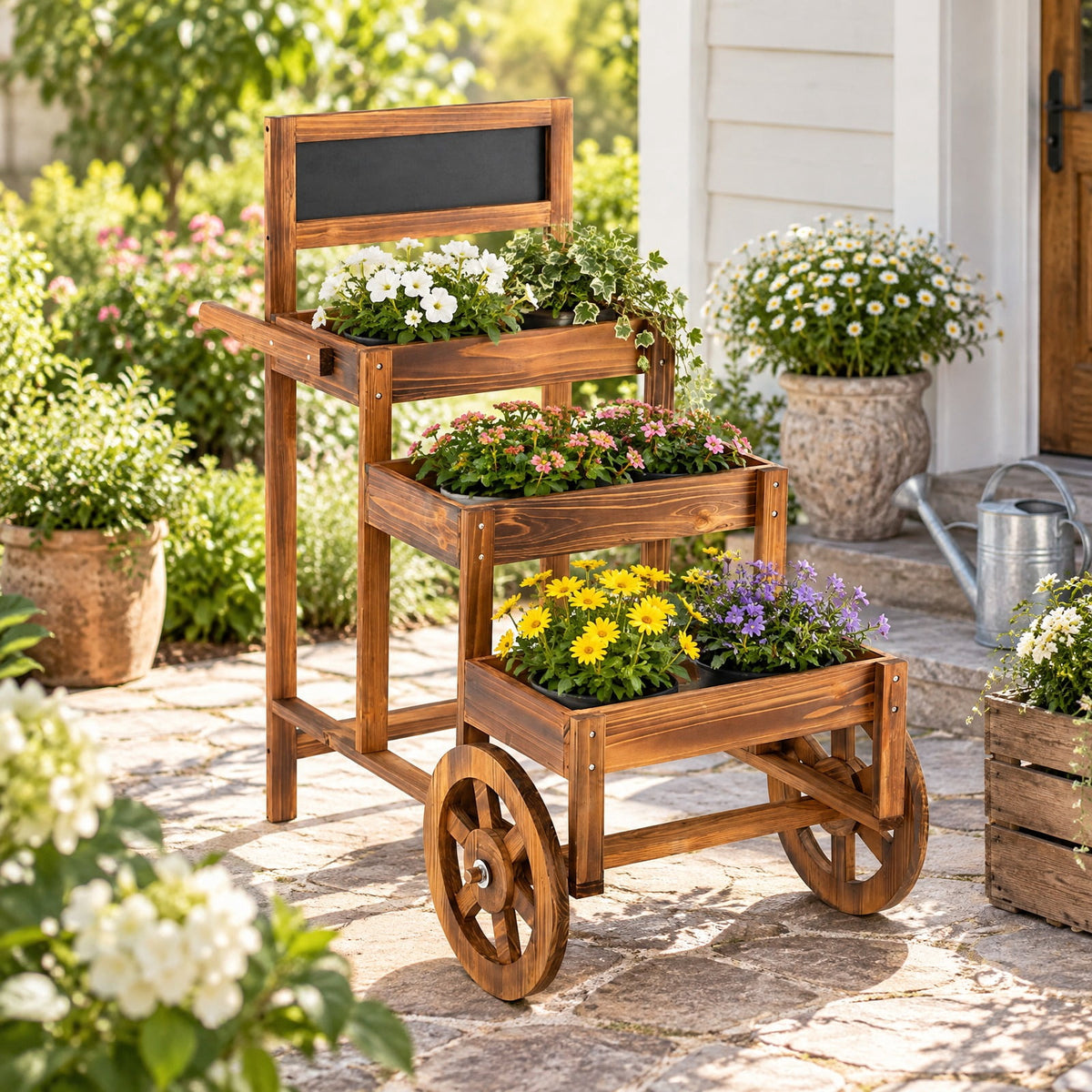 Airfind 3-Tier Carbonized Fir Wood Plant Display Stand Wooden Dessert Candy Cart, 44 lbs Capacity, 23 Inch x 39 Inch x 40 Inch Footprint, Brown