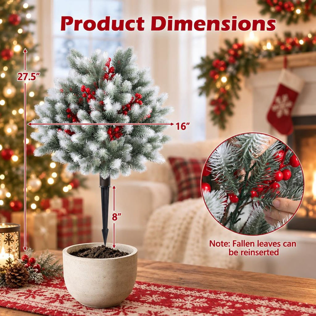 Airfind Set of 2 Artificial Cedar Topiary with Ground Spikes for Porch Patio Winter Decoration, PP PE Frame, Green White Red