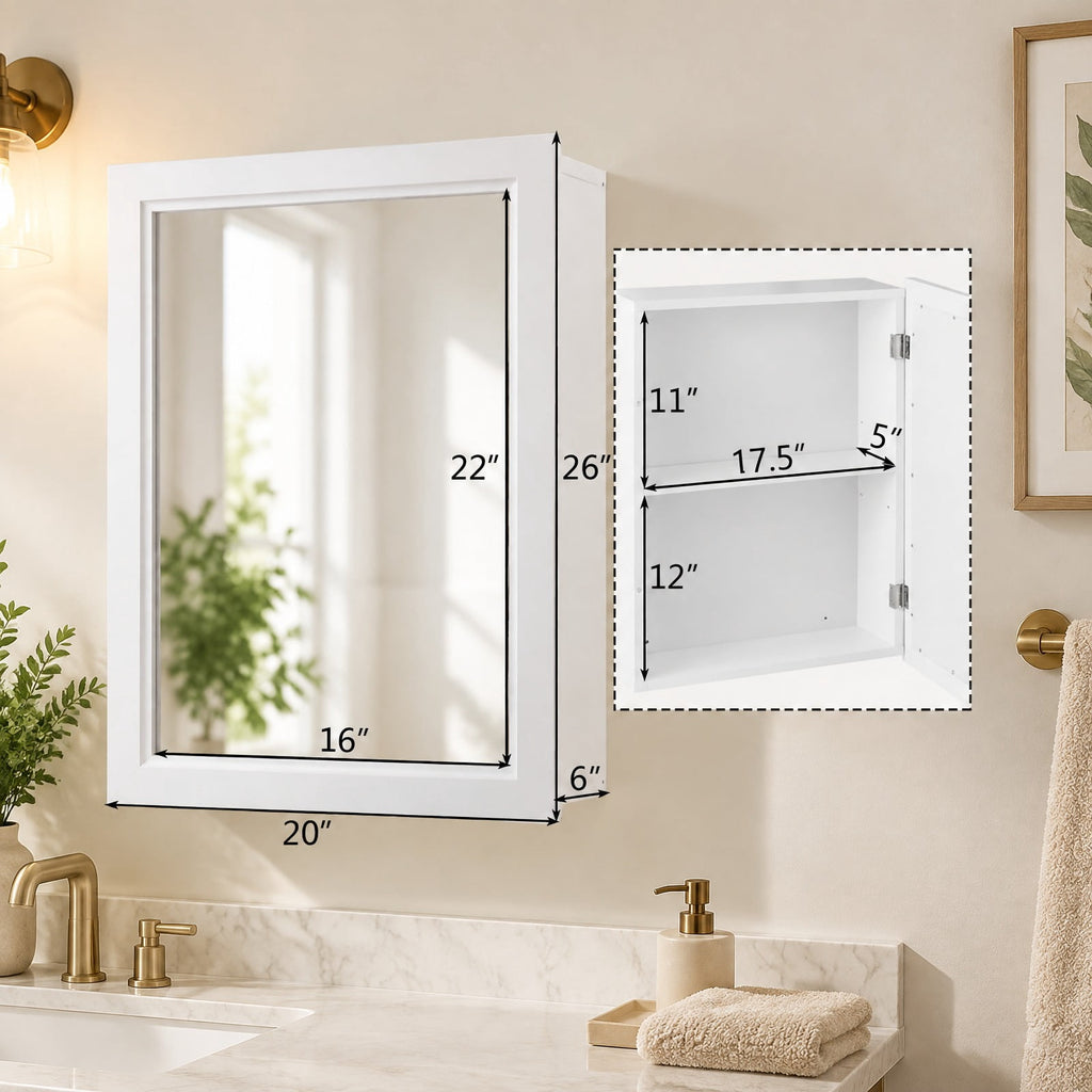 Airfind Wall Mounted Adjustable Medicine Storage Mirror Cabinet, MDF glass Frame, 20 Inch x 6 Inch x 26 Inch Footprint, White