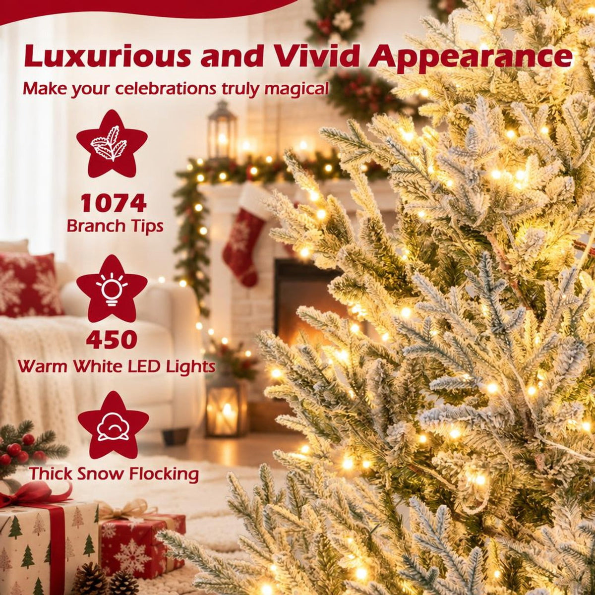 AIRFIND Pre-Lit Christmas Tree 7 ft Snow Flocked with 1074 Branch Tips, 450 Warm White LEDs, 13 Light Modes, Timer and Metal Stand