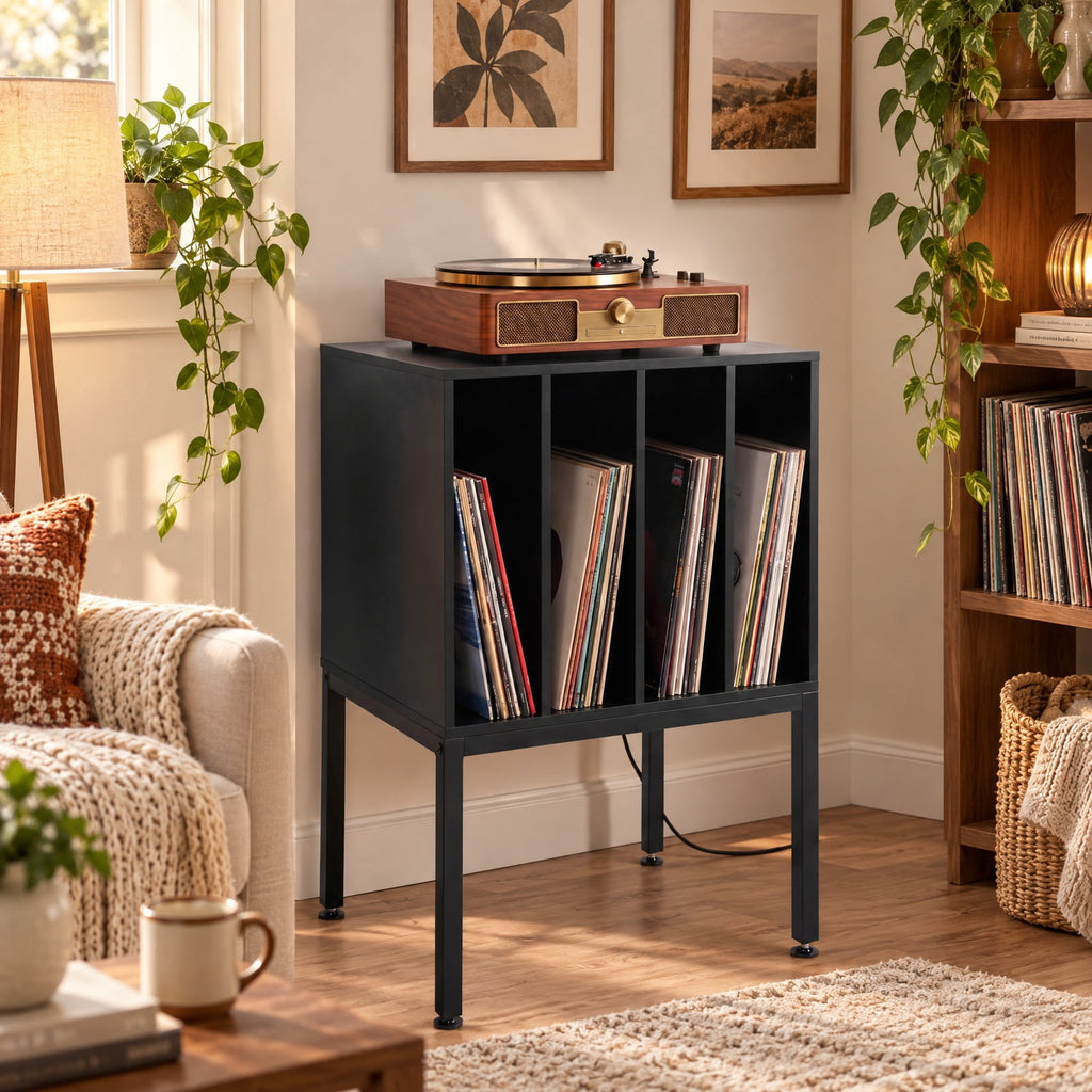Airfind Turntable Record Player Stand with Power Outlets, 88 lbs Capacity, Engineered Wood Metal MDF Frame, 20 x 16 x 32 Footprint, Black