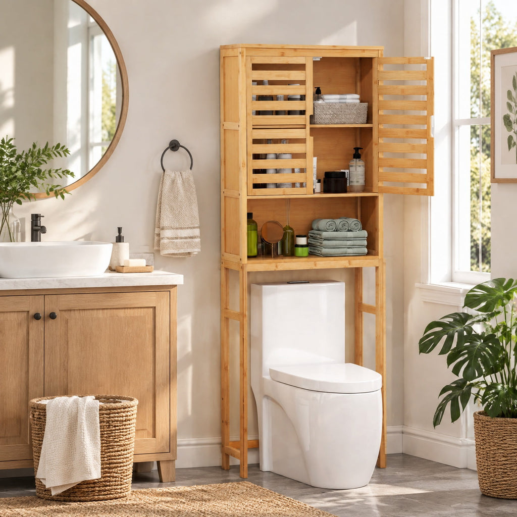 Airfind Bamboo Over The Toilet Storage Cabinet Bathroom with Adjustable Shelf, Bamboo MDF Frame, Natural
