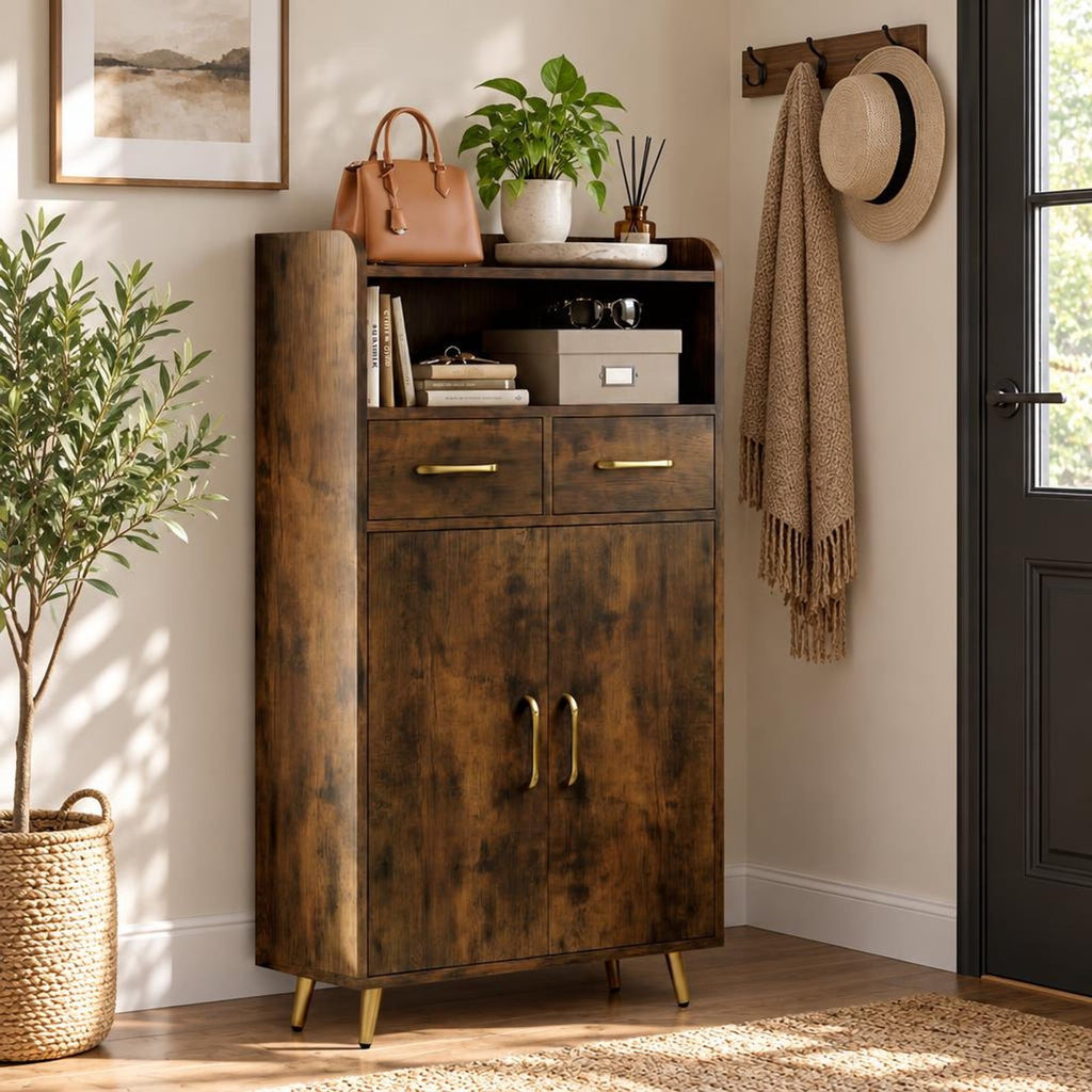 Airfind Bathroom Storage Cabinet Freestanding Floor Cabinet with 2 Drawers and 2 Doors, 44 lbs Capacity, Engineered Wood Metal Frame, Brown