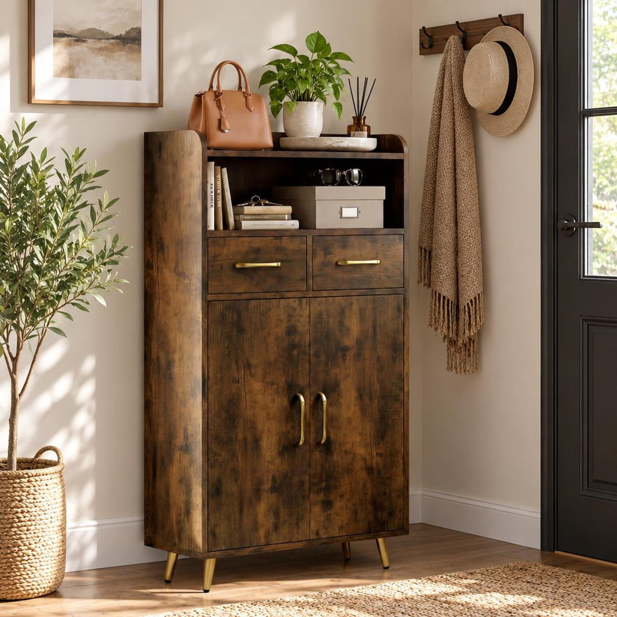 Airfind Bathroom Storage Cabinet Freestanding Floor Cabinet with 2 Drawers and 2 Doors, 44 lbs Capacity, Engineered Wood Metal Frame, Brown