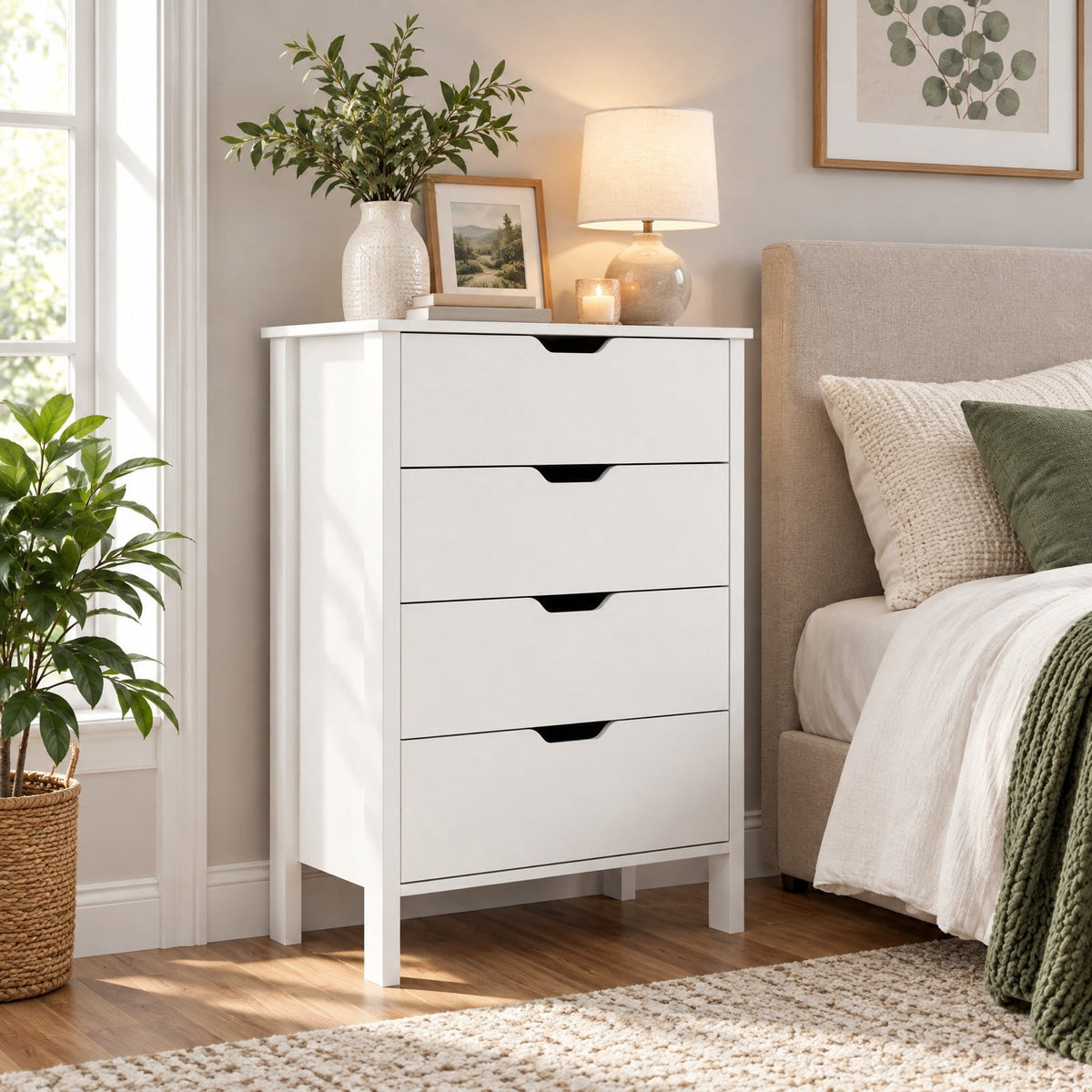 Airfind 4-Drawer Dresser Wooden Nightstand with Anti-Tipping Kits, 44 lbs Capacity, Engineered Wood MDF Frame, 24 x 16 x 37.5 Footprint, White