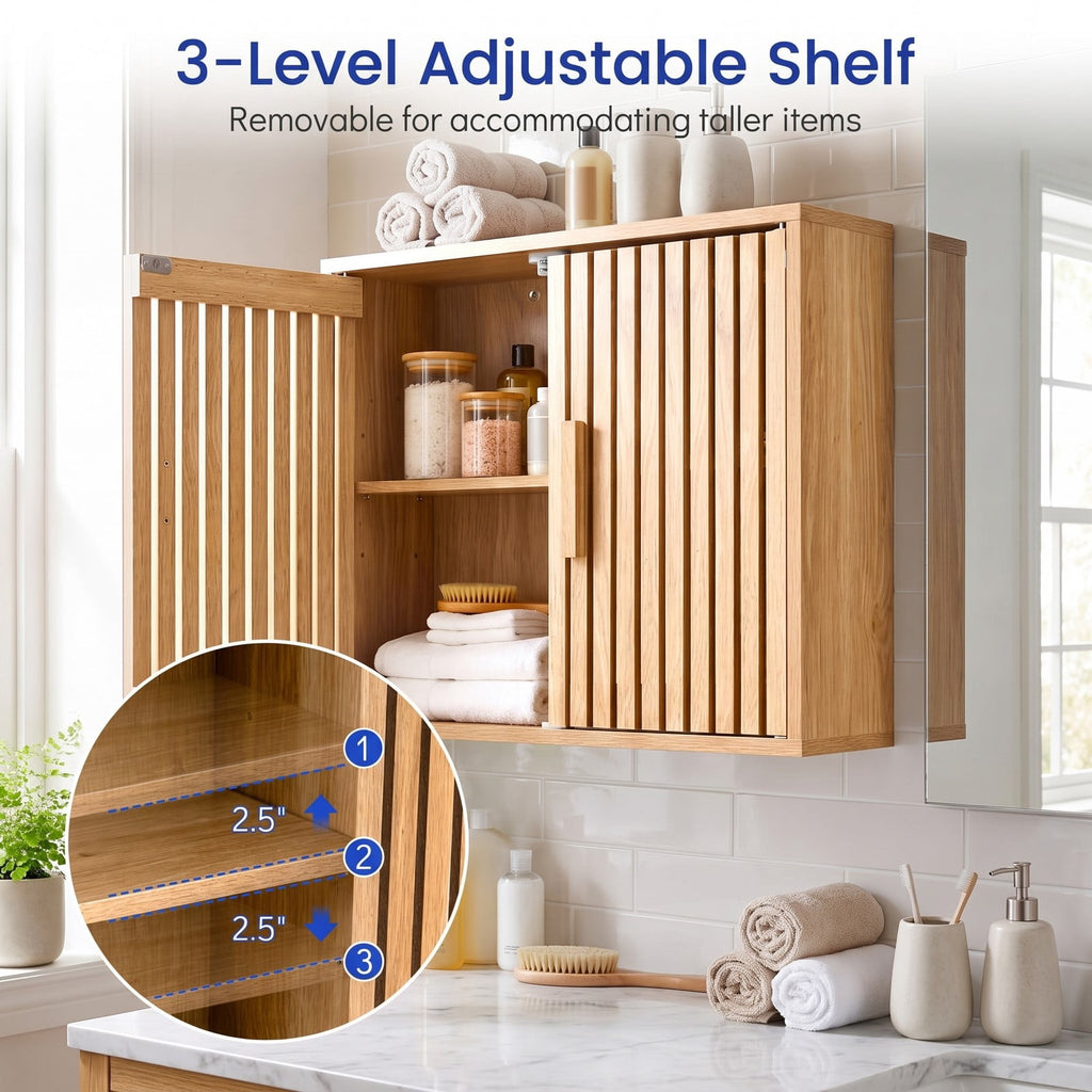 Airfind Bathroom Wall Cabinet with 2 Slatted Doors and 3-Level Adjustable Shelves, 22 lbs Capacity, Engineered Wood Frame, 24 x 8 x 20 Footprint