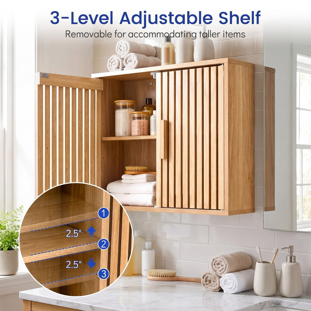 Airfind Bathroom Wall Cabinet with 2 Slatted Doors and 3-Level Adjustable Shelves, 22 lbs Capacity, Engineered Wood Frame, 24 x 8 x 20 Footprint