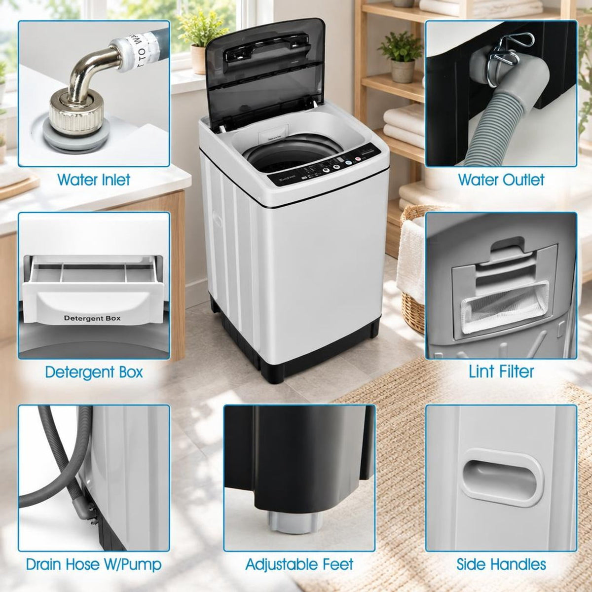 Airfind Full-Automatic Washing Machine 1.5 Cubic Feet 11 LBS Washer and Dryer, Stainless steel PP ABS Frame, 19 x 19 x 33.5 Footprint, Gray
