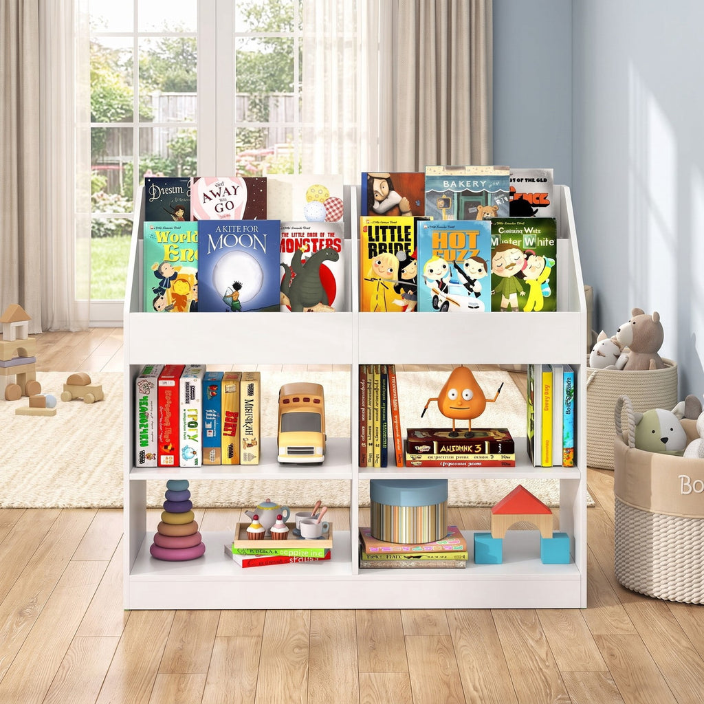 Airfind 3-Tier Kids Bookshelf Toy Storage Organizer with Display Rack and 4 Compartments, 11 lbs Capacity, Engineered Wood Frame, White