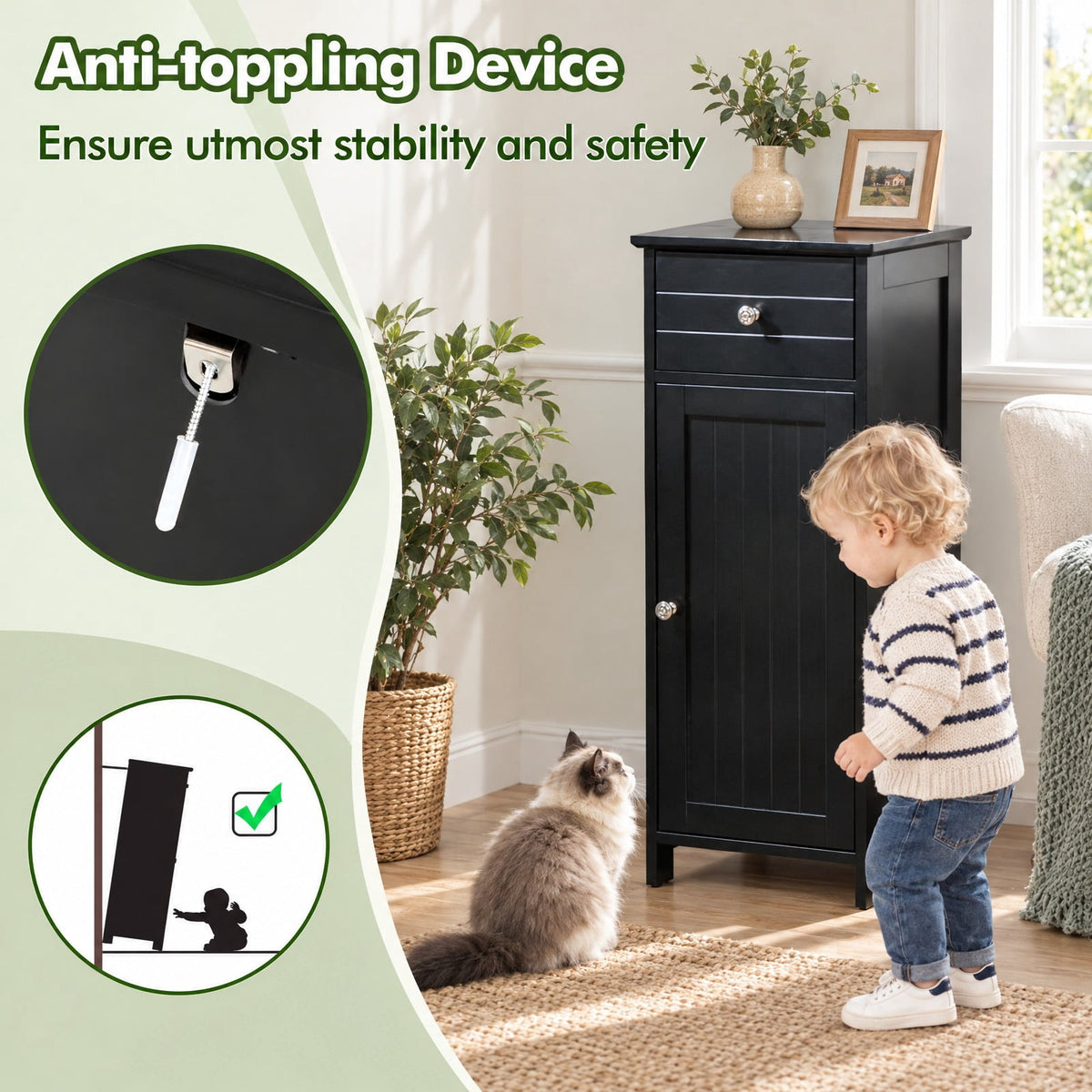 Airfind Wooden Bathroom Floor Storage Cabinet with Drawer and Shelf, 22 lbs Capacity, MDF Frame, 14 Inch x 12 Inch x 34.5 Inch Footprint, Black