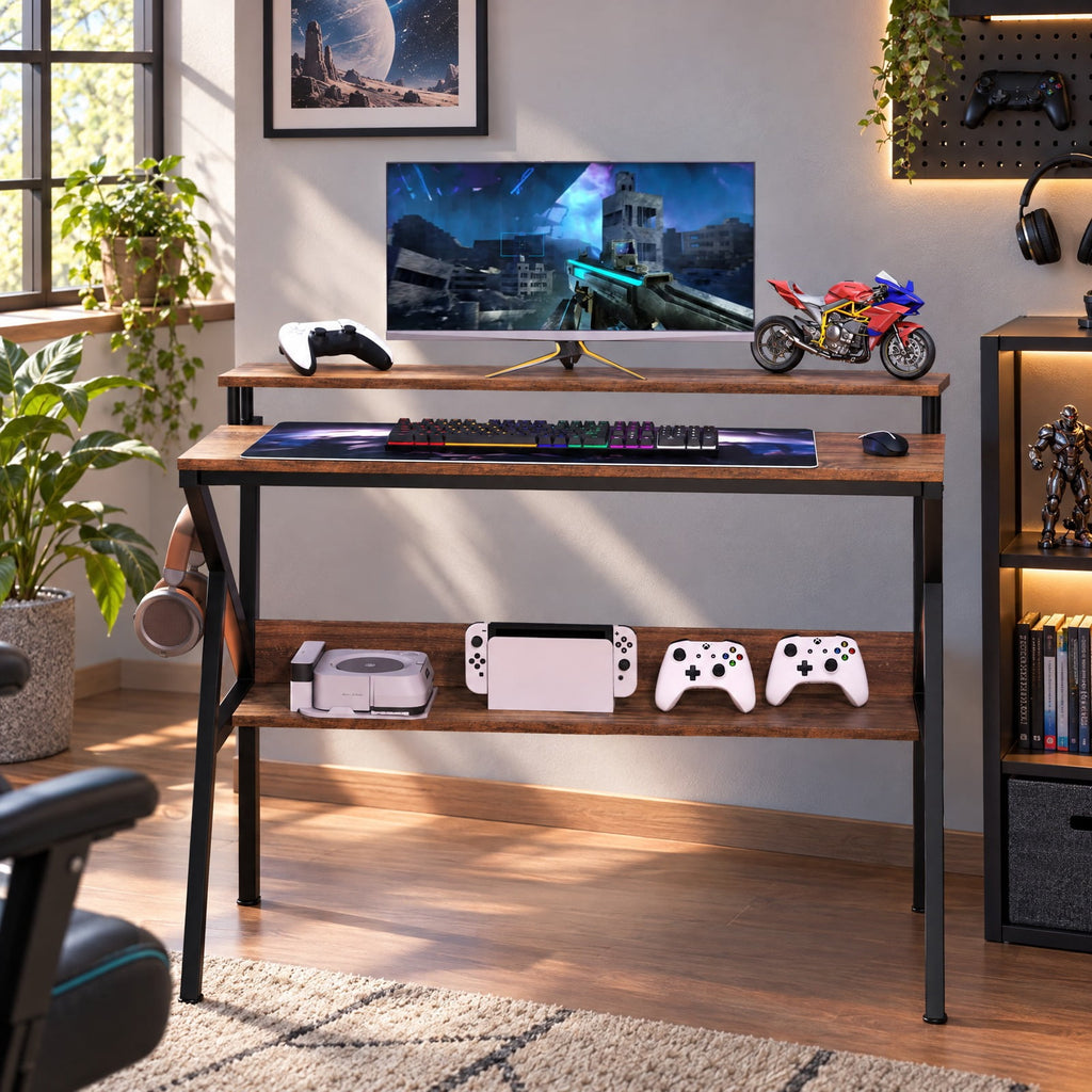 Airfind Space Saving Computer Desk with Monitor Stand and Extra Storage Shelf for Work Study, 200 lbs Capacity, Engineered Wood Metal Frame, Brown