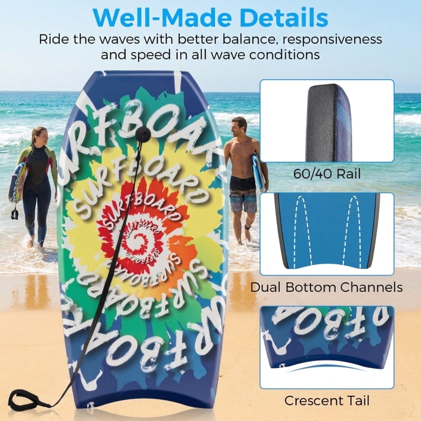 Airfind 33 Boogie Board with Beach Bloom Graphic Deck ¡ª EPS Core, XPE Top, HDPE Slick Bottom, Crescent Tail, Coiled Wrist Leash