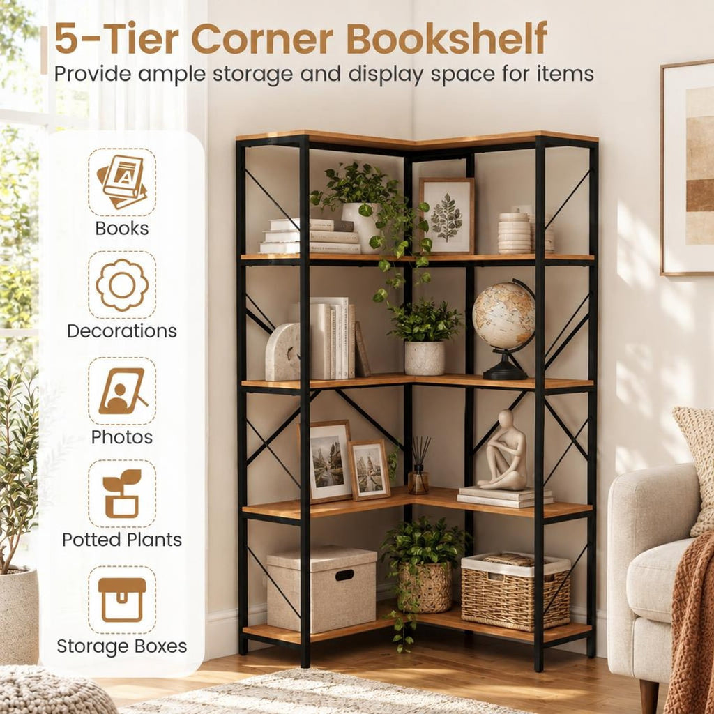 Airfind 66 Tall 5-Tier L-Shaped Bookcase with Metal Frame for Living Room, 44 lbs Capacity, Metal Frame, 31.5 x 31.5 x 66 Footprint, Brown