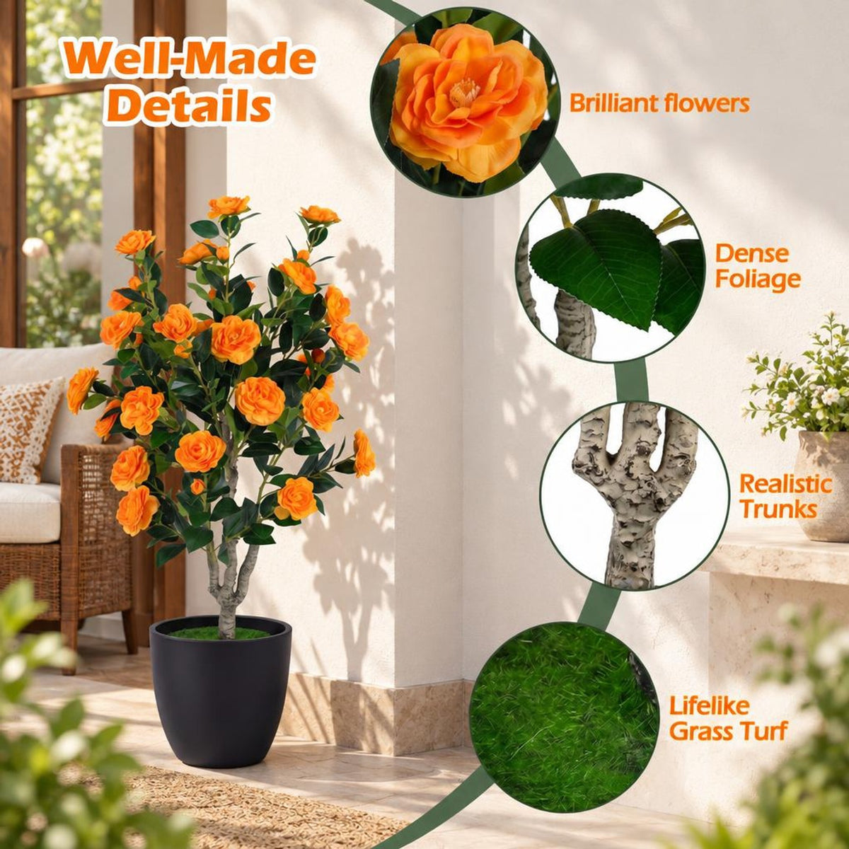 Airfind Set of 2 39.5 Artificial Camellia Tree with Orange Blossoms in Cement Pot for Decoration, Orange