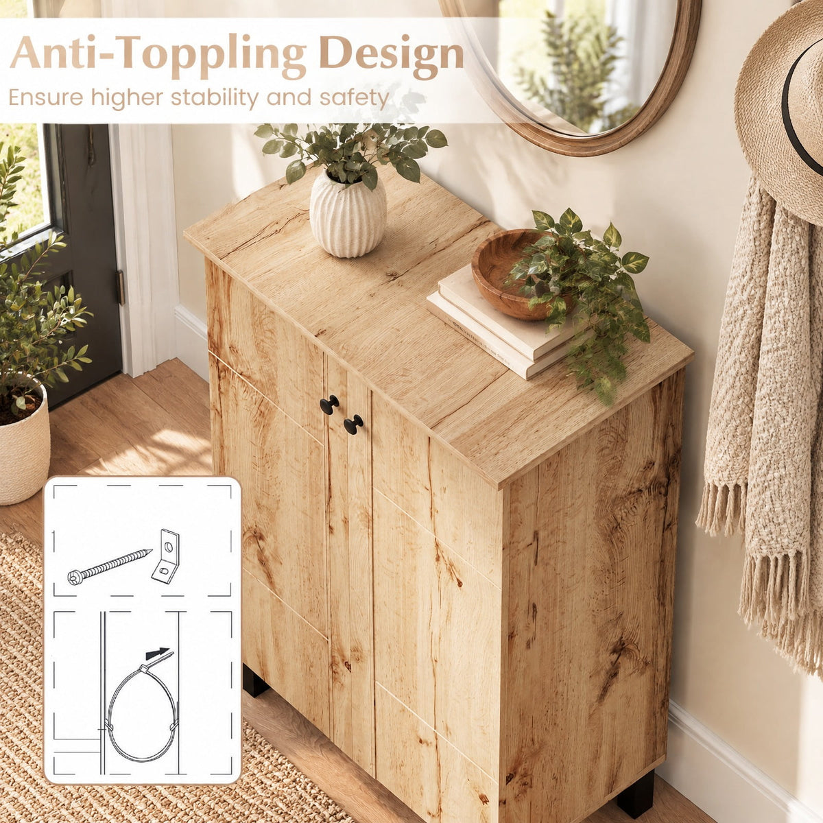 Airfind 4-Tier Shoe Organizer with Removable Shelves and 2 Doors, 88 lbs Capacity, MDF Engineered Wood Frame, 24 Inch x 13.5 Inch x 36 Inch Footprint, Natural