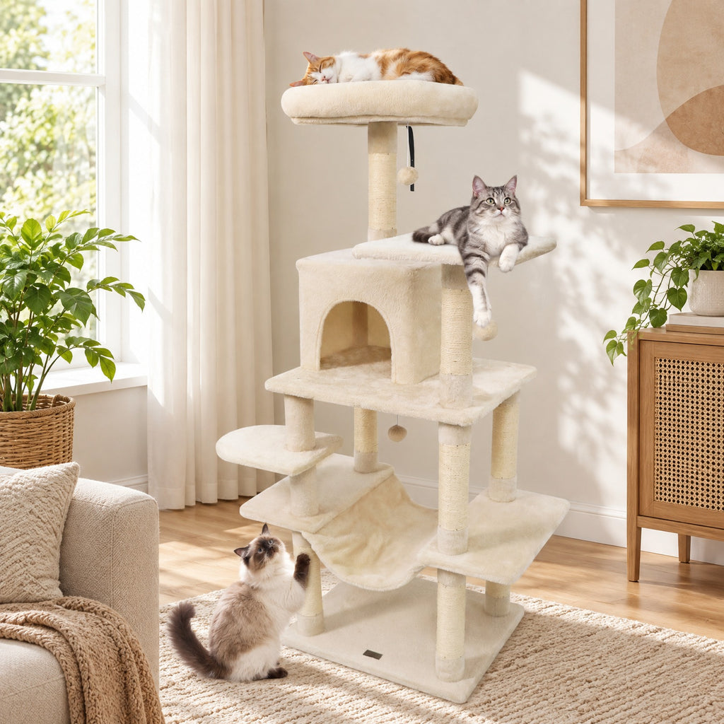 Airfind 58 Multi-Level Cat Tree Soft Plush Cat Tower with Padded Top Perch, PP Cotton Fabric Sisal Engineered Wood Overall Height 58 Base Frame