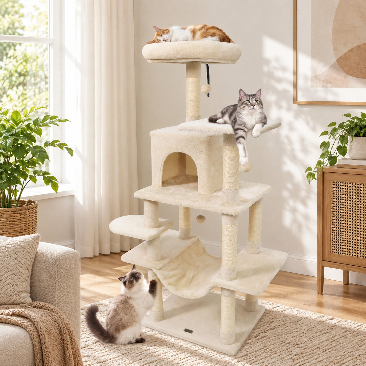 Airfind 58 Multi-Level Cat Tree Soft Plush Cat Tower with Padded Top Perch, PP Cotton Fabric Sisal Engineered Wood Overall Height 58 Base Frame