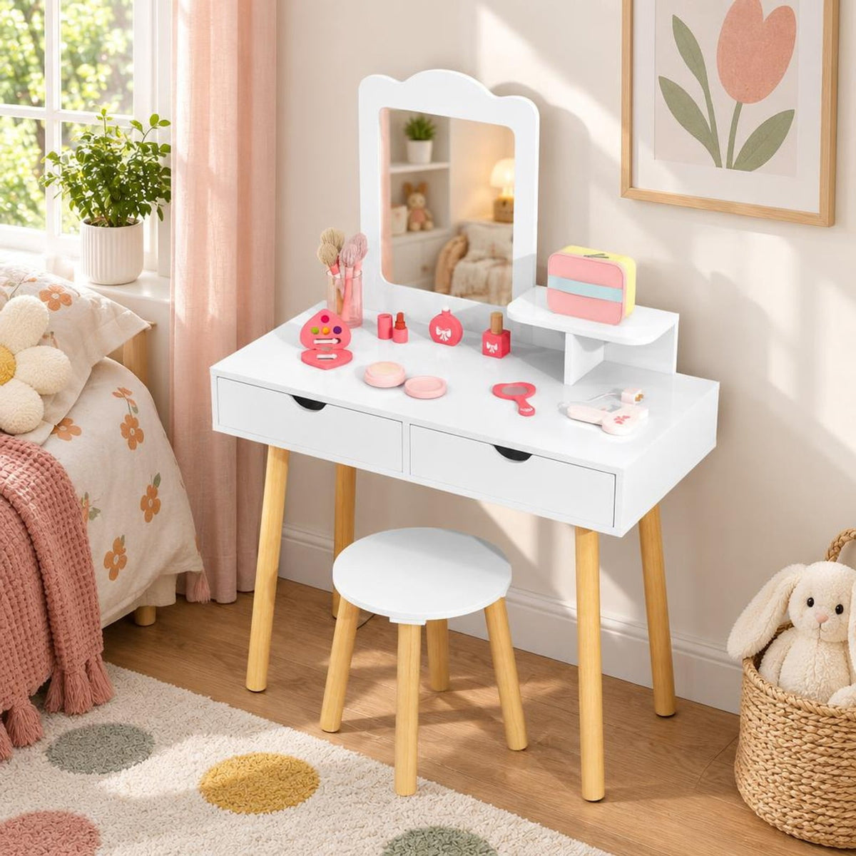 Airfind Kid Vanity Table Chair Set with Mirror and 2 Large Storage Drawers, 44 lbs Capacity, Pine wood MDF Frame, 28in x 13in x 39in Footprint, White