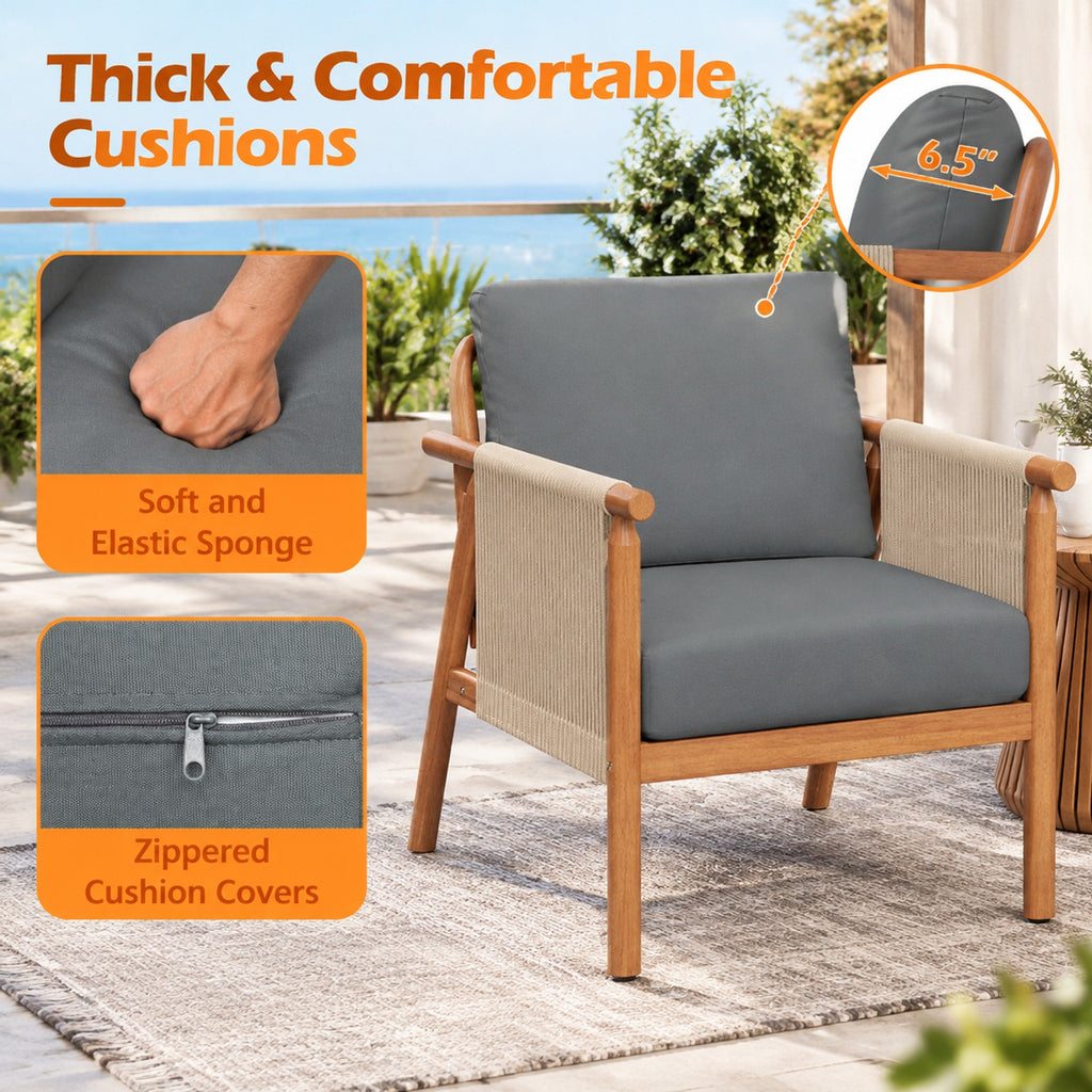 AIRFIND Acacia Wood Patio Chair, Outdoor Lounge Seat with Woven Rope Armrests and Removable Back and Seat Cushions, Gray
