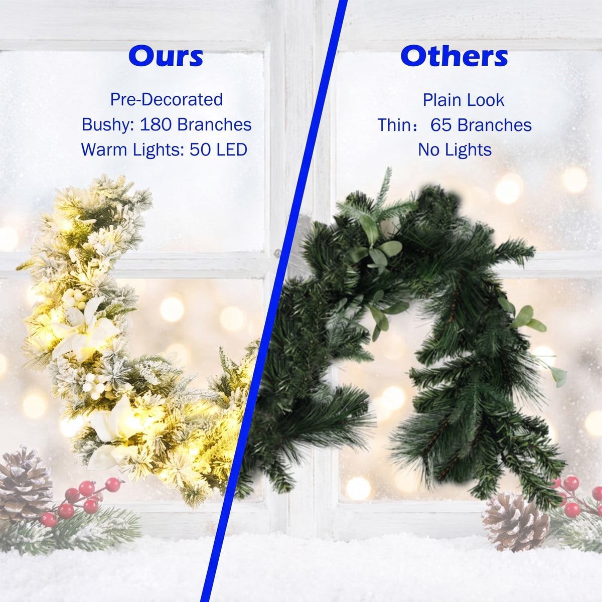 Airfind 9 Feet Pre-Lit Artificial Christmas Garland with 50 LED Lights, New PVC new PE Frame, 9 ft Footprint, White