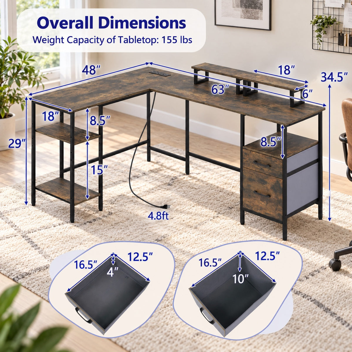 Airfind L Shaped Desk with Power Outlet Reversible Computer Desk with Monitor Stands, 155 lbs Capacity, Engineered Wood Metal Fabric Frame, Brown