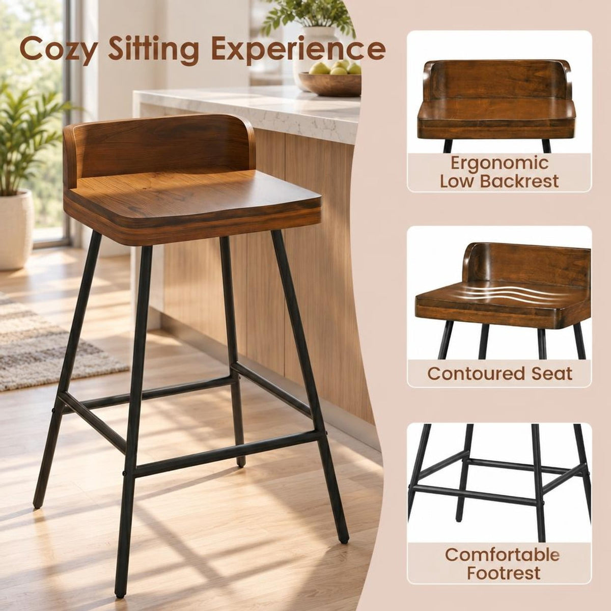 Airfind 24 Inch Industrial Rubber Wood Bar Stool with Low Back Metal Legs and Footrest, 330 Lbs Capacity, Rubber Wood Metal, Brown
