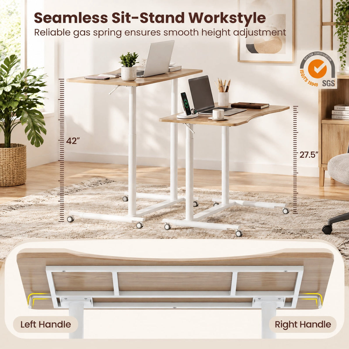 Airfind Height Adjustable Computer Desk Sit to Stand Rolling Notebook Table, MDF Frame, 37.5 x 21.5 x 27.5-42 Footprint, Natural
