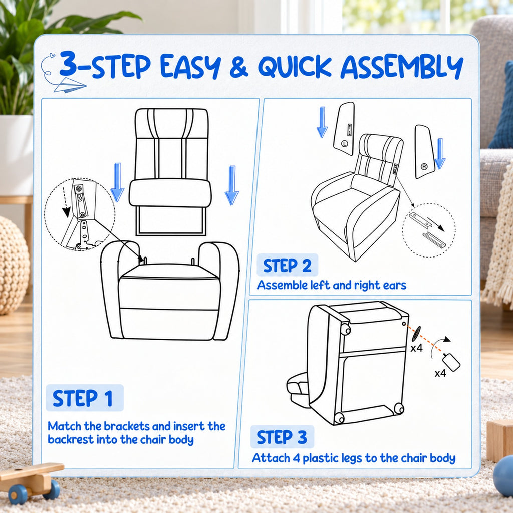 Airfind Kids Recliner Chair with Side Pockets and Footrest, 110 lbs Capacity, Sponge PU leather wood steel plastic Frame, Blue