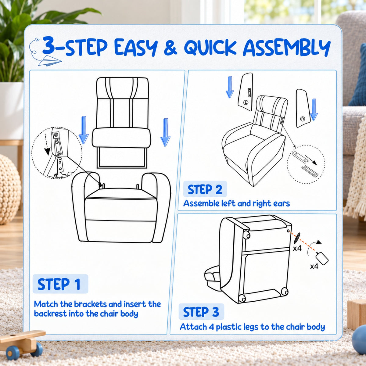 Airfind Kids Recliner Chair with Side Pockets and Footrest, 110 lbs Capacity, Sponge PU leather wood steel plastic Frame, Blue