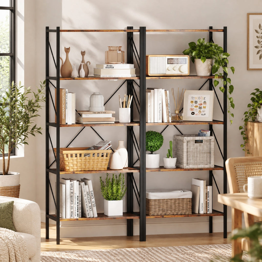 Airfind 5-Tier Bookshelf with Open Shelves and Heavy Duty Metal Frame, 220 lbs Capacity, Metal Engineered Wood Frame, Brown