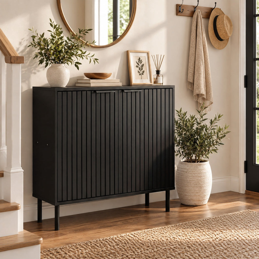 Airfind Fluted Buffet Cabinet with 2-Door Sideboard for Kitchen and Dining Room, Black, Metal legs provide strong and reliable support