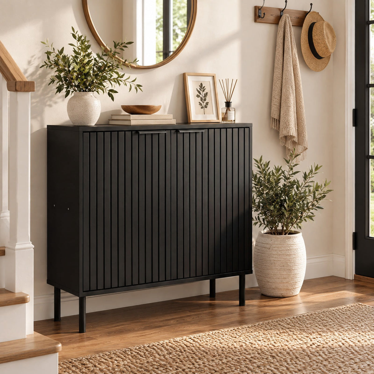 Airfind Fluted Buffet Cabinet with 2-Door Sideboard for Kitchen and Dining Room, Black, Metal legs provide strong and reliable support