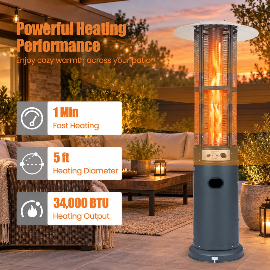 Airfind Outdoor Propane Patio Heater with Glass Tube and Tilt-Over Protection, Metal Frame, 27.5in x 74.5in Footprint, Dark Gray