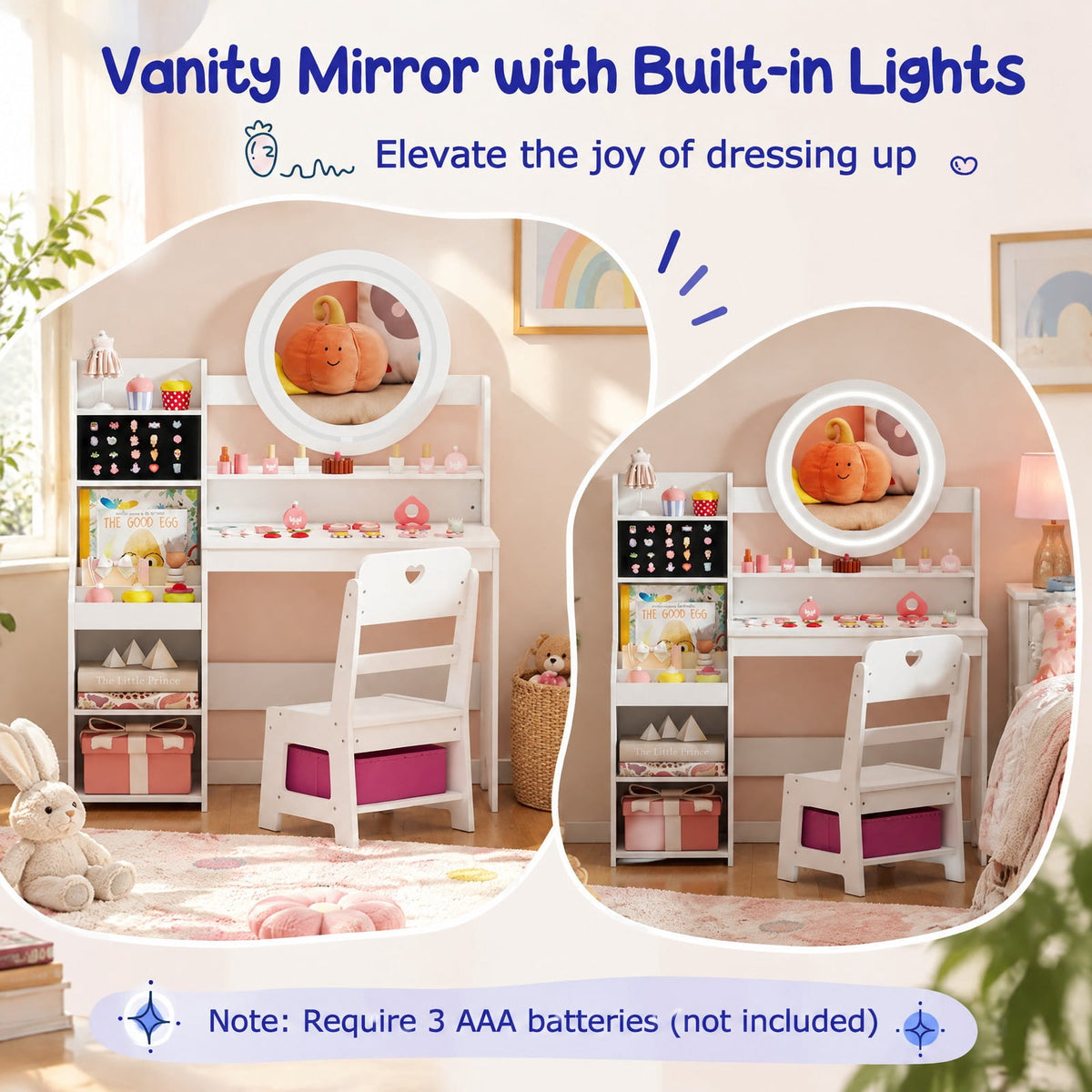 Airfind Kids Vanity Desk with Mirror and Lights Princess Pretend Play Dressing Table and Chair Set, 66 lbs Capacity, MDF Frame, for 3+ years old