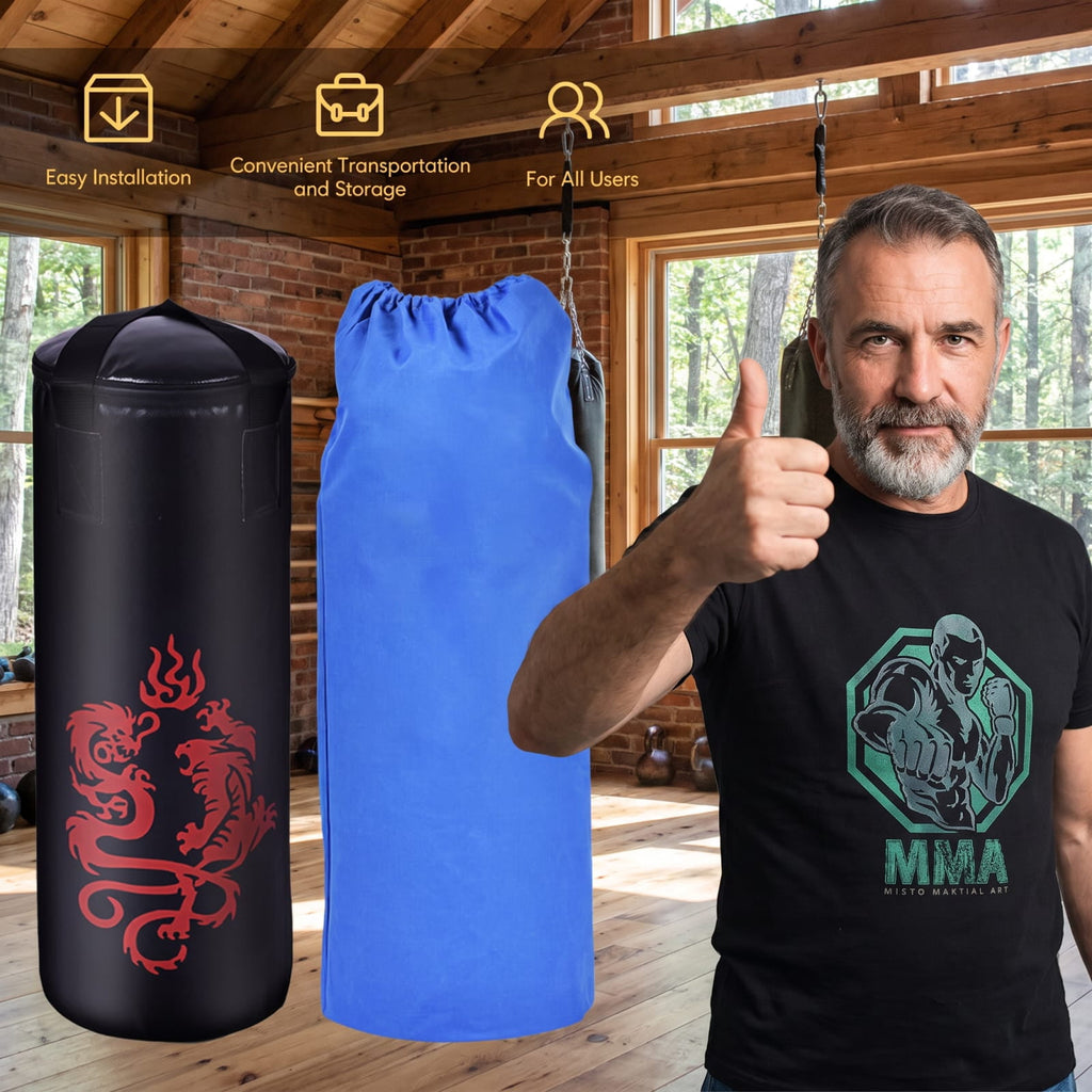 Airfind 5 Piece 40 Pound Filled Hanging Punching Bag Boxing Set with Gloves Jump Rope and Rucksack for Home Training, Black